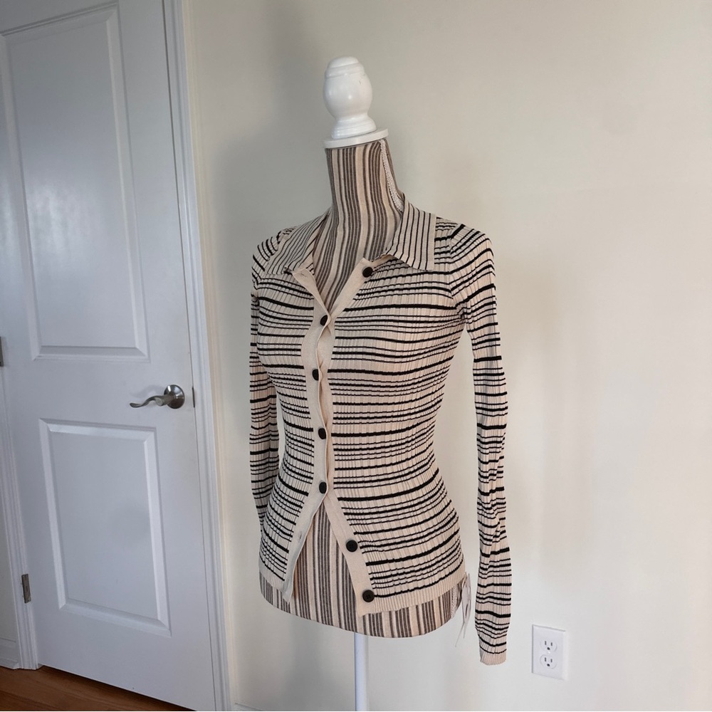 Commense Striped Button-Up Collared Sweater Cardigan Top